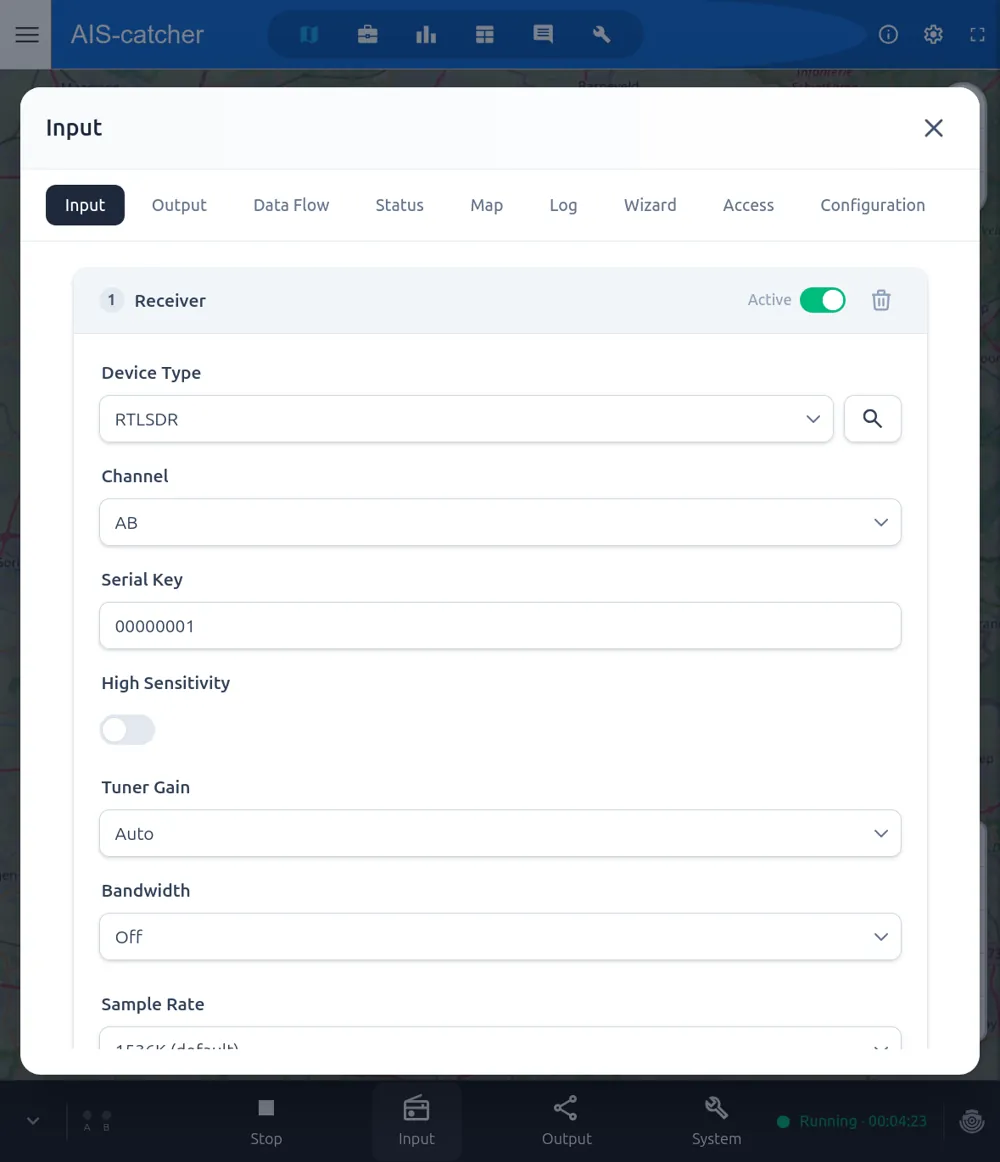 Dashboard — input settings